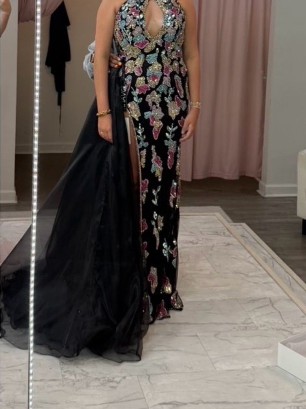 Jovani Black Embellished Halter Evening Dress with Pink & Blue Accents - Picture 3 of 4
